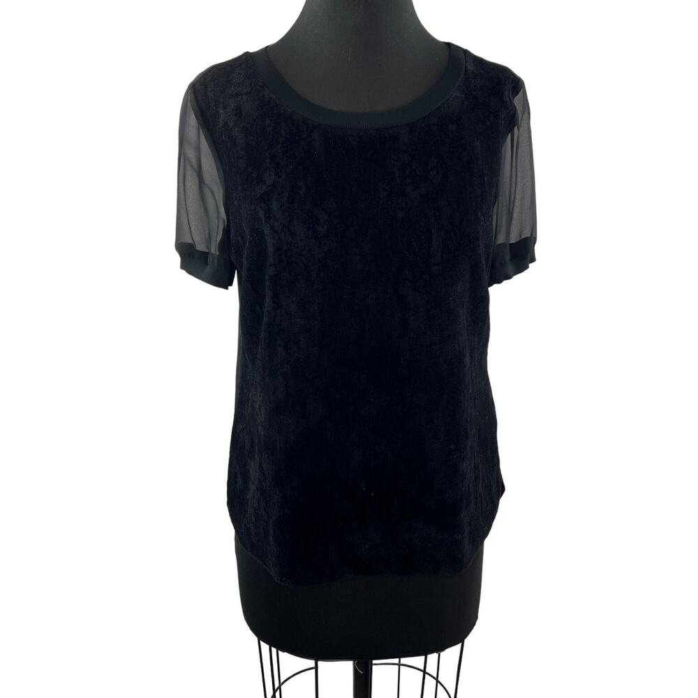 ELIE TAHARI Black Top Velvet Round Neck Sheer Puff Sleeve Pullover Size Small S